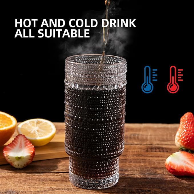 Drinking Glasses with Bamboo Lids and Glass Straw 8pcs Set,16oz Glass Tumbler Cups,Water Glasses,Iced Coffee Glasses,iced Tea Glasses,Beer Glasses,Ideal for Whiskey,2 Brushes