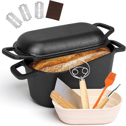 QuliMetal 3.6QT Oval Dutch Oven for Bread Baking - Pre-Seasoned Cast Iron Sourdough Bread Pan with Lid, cast iron loaf pans for bread, Even Heat Distribution for Meatloaf, Homemade Bread