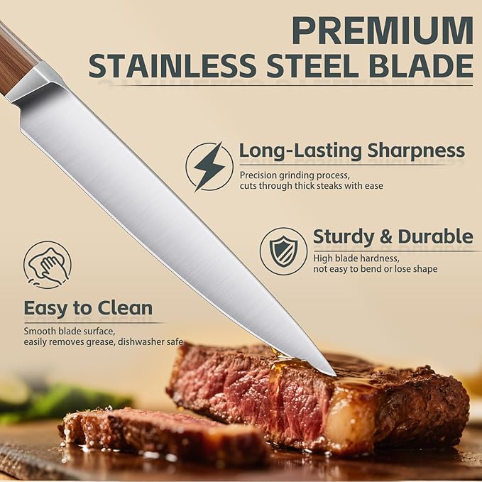 Purple Dragon Steak Knives Set of 8-4.7 Inch Non Serrated Dinner Knife with Square Wooden Handle – Elegant, Balanced, High Carbon German Steel - Christmas Gift for Men and Women