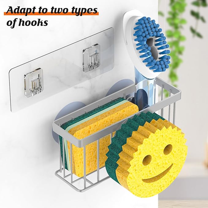 Sponge Holder Smiley Face, Kitchen Organizer with 2 Suction Cups/1 Adhesive Strips,Designed for Sponge,Soap,Dish Brush,Scrubber - Gray