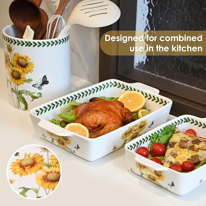 ACMLIFE Ceramic Casserole Dish for Oven, Floral Baking Dishes for Oven Lasagna Pan, Large Baking Dish with Handles, Durable and Oven Safe Pan, for Roasting and Baking, Gift Packaging 2 Pcs Set(13"x8"+10.3"x6.3") (Sunflower)