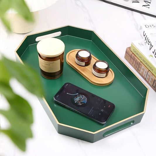 Green Decorative Tray with Handles, Versatile Serving Tray for Coffee Table, Ottoman, Ideal for Serving, Displaying, Organizing, 15.7"*10.2"*1.57"