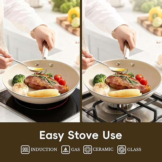 OUBRL Ceramic Nonstick Frying Pans Set, Fry Pan Skillet, Non Toxic Pans for Cooking, Egg Pans，Induction Suitable，PFAS-Free Cookware, Dishwasher Safe, Oven Safe (Cream White, 8''+9.5''+11")
