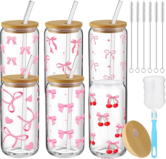 6 Pcs Pink Coquette Bow Glass Cups with Lids and Straws 16oz Cute Cherry Tumbler Bulk Reusable Can Shaped Drinking Glasses for Valentines Day Gifts Party Supplies