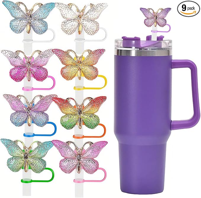 9Pcs Butterfly Straw Topper, 10mm (0.39inch) Silicone Covers for Stanley Cup, Colorful Butterfly Caps for 40 Oz & 30 Oz Accessories, Straw Tips Lids