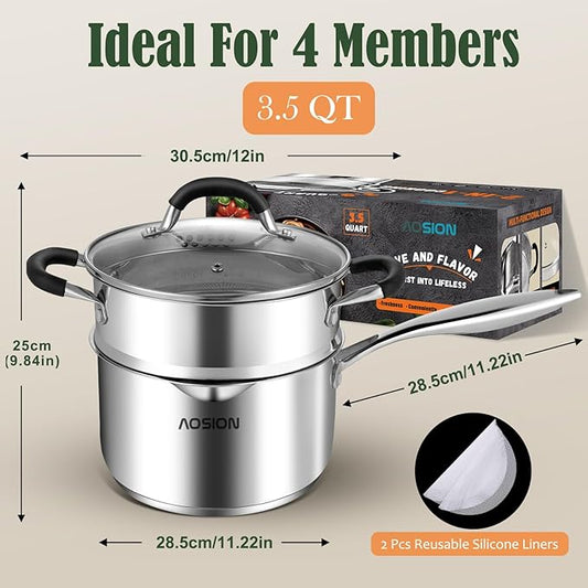AOSION 3.5 Quart Stainless Steel Saucepan with Steamer Basket,Tri-ply Full Body Steamer Pan,Two Side Spouts for Easy Pour with Ergonomic Handle,Perfect for Vegetables,Boiling,Pasta,Noodles