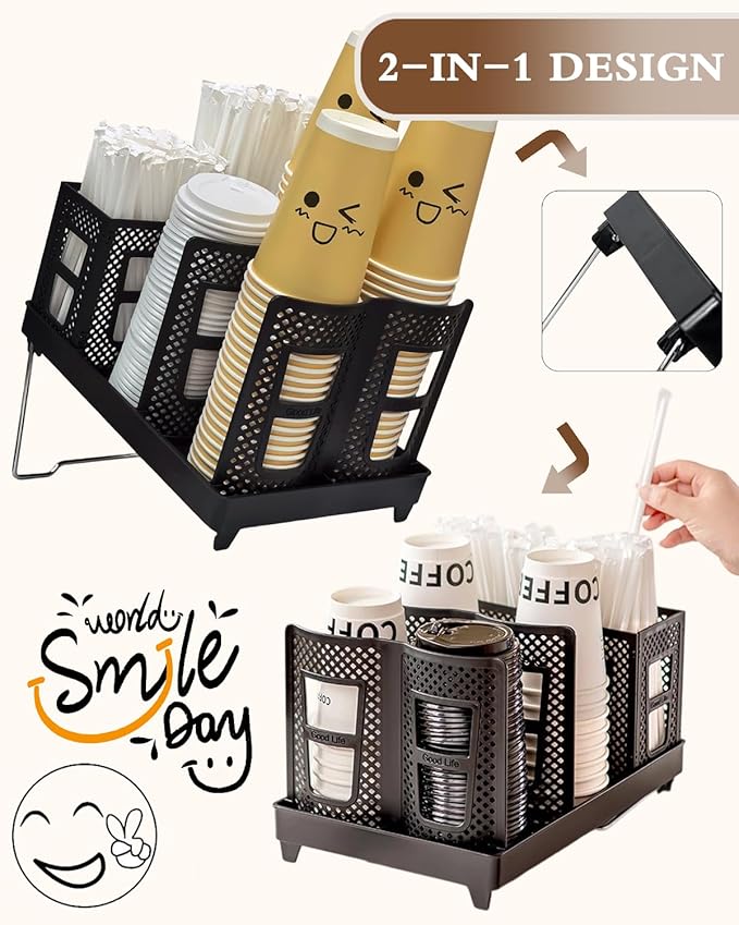 Coffee Cup Holder Organizer Unbreakable 2-IN-1 Paper Cup and Lid Holder with Straw Organizer Adjustable Paper Cup Holder for Countertop Coffee Station Bar Restaurant Breakroom Kitchen Office