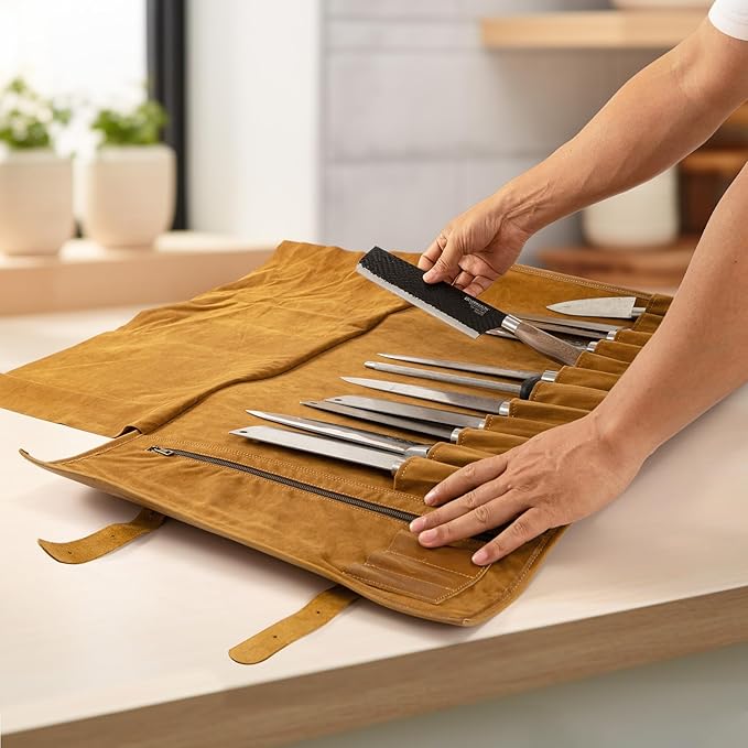 Genuine Leather Knife Roll, Knife Bags for Chefs Professional, Small Chef'S Knife Case Holder, Knives Holders Protectors with 7 Slots, Portable Chef Knife Roll Chef Knife Bag (12 Slots brown)