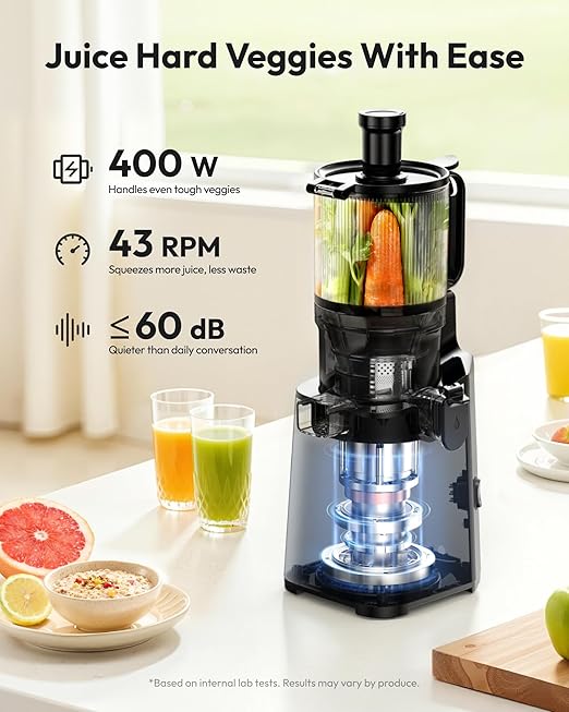 Cold Press Juicer Machines, EUHOMY 5.7" Wide Feed Chute Juicer Machines with 400W, Slow Masticating Juicer for Whole Fruits & Vegetables, High Juice Yield, Easy to clean, Black Stainless Steel