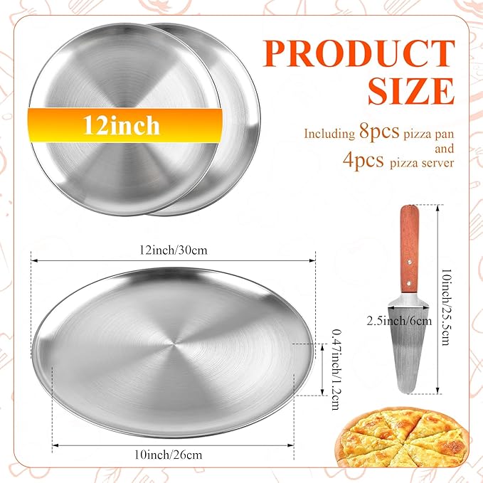 Milkary 8Pcs 12 Inch Pizza Pan, Stainless Steel Pizza Serving Tray with 4pcs Pizza Spatula, Round Non-Stick Coating Pizza Plate for Baking Cake Pie Serving Tableware Kitchen Home Restaurant