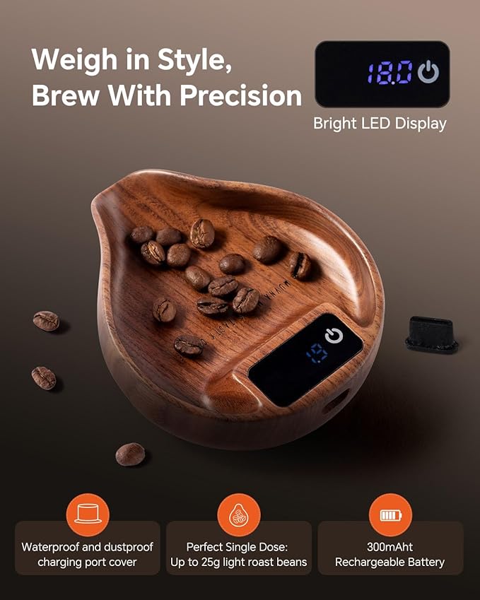 MUVNA Digital Dosing Cup with LED Display - Mini Rechargeable Wood Coffee Bean Scale Cup and Spray Bottle Kit, Kitchen Weighing Accessory for Espresso, Tea, Coffee Lover Gifts, Walnut