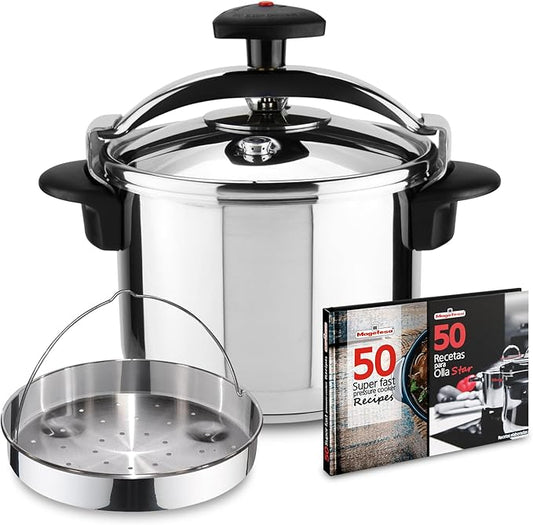 Magefesa Star Exclusive 6.3-Quart Pressure Cooker Set, Includes Steaming Basket & Recipe Book – 18/10 Stainless Steel, Full Induction