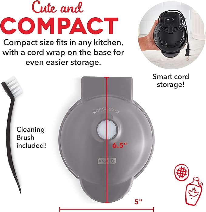 Dash Deluxe Mini Waffle Maker- Compact, Easy-to-Clean Breakfast Appliance - Convenient Cord Wrap - Cleaning Brush Included - 4-Inch - Storm Gray