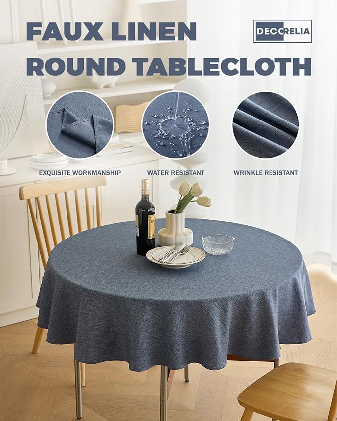 Waterproof Round Tablecloth for Round Dining Table, Decorative Rustic Soft Wipeable Table Cloths Cover Indoor Outdoor Use for Holiday,Wedding, Kitchen (70 Inch,Round (4-6 Seats),Denim Blue)