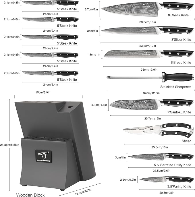 Damascus Kitchen Knife Set, 15-Piece Kitchen Knife Set with Block, ABS Ergonomic Handle for Chef Knife Set and Serrated Steak Knives Knife Sharpener and Kitchen Shears, 14 Slots Wooden Knife Block