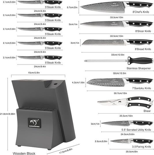 Damascus Kitchen Knife Set, 15-Piece Kitchen Knife Set with Block, ABS Ergonomic Handle for Chef Knife Set and Serrated Steak Knives Knife Sharpener and Kitchen Shears, 14 Slots Wooden Knife Block