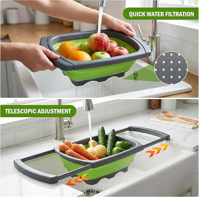 2 Pack Collapsible Colander Strainer, 6 Quart Over the Sink Colander with Ergonomic Non-Slip Handles, Durable Silicone Strainer for Veggies Fruits Pasta, Dishwasher Safe Space-Saving Kitchen Essential