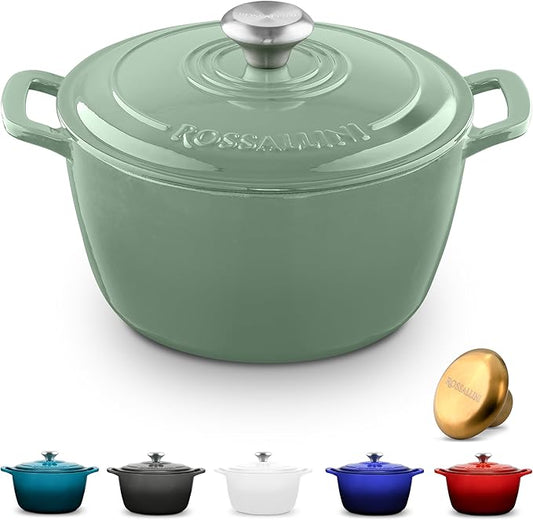 ROSSALLINI Signature Enameled Cast Iron Dutch Oven, Non-Stick Serving Pot with Tight Fitting Lid for Perfect Roasting, Baking, Sauteing, and Bread Making | 13.5Q (12.7L) - Sage