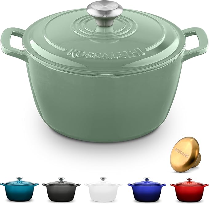 ROSSALLINI Signature Enameled Cast Iron Dutch Oven, Non-Stick Serving Pot with Tight Fitting Lid for Perfect Roasting, Baking, Sauteing, and Bread Making | 10Q (9.5L) - Sage
