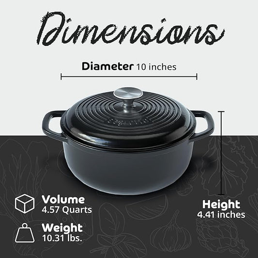 Segretto Cookware Enameled Cast Iron Dutch Oven with Handle, 4.57 Quarts, Nero (Black) 4.57 qt Oven Safe Dutch Oven Pot With Lid Ceramic Enamel Dutch Oven Cast Iron Pot Cookware for Bread Baking, Soup