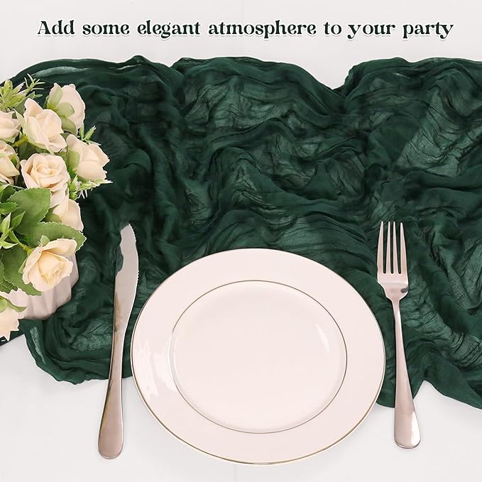 10 Pack Dark Green Cheesecloth Table Runner 10FT Boho Gauze Fabric Table Runner Vintage Rustic Sheer Runners for Wedding Party Bridal Baby Shower Long Table Decorations