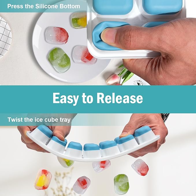 Ice Cube Trays for Freezer - 4 Pack 56 Cubes(1.7" x 1.2"), Easy Release Silicone Bottom+ PP Frame Ice Trays with Spill-Resistant Lids, Stackable, BPA-Free – for Cocktails, Coffee & Everyday Drinks