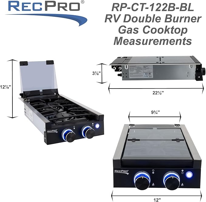 RecPro RV Built In Gas Cooktop | 2 Burner or 3 Burner | RV Cooktop Stove | 6,500 and 8,000 BTU Burners | Cover Included (Stainless Steel, 2-Burner)