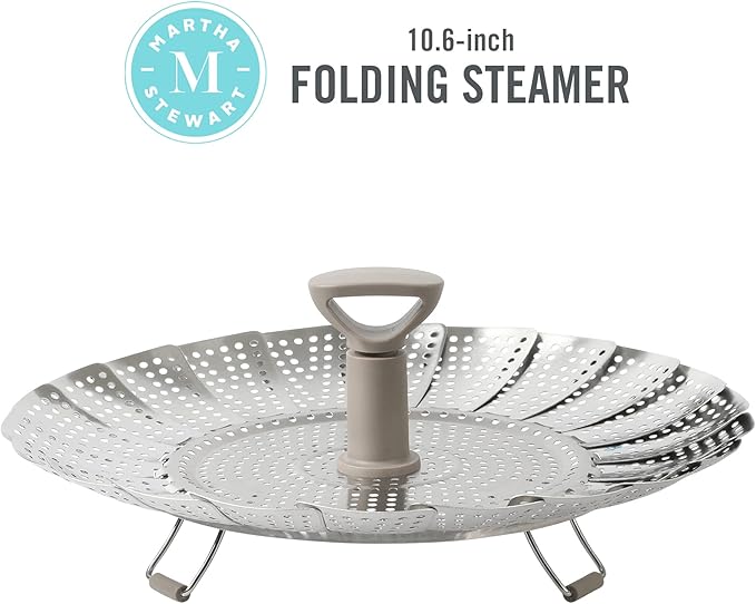 Martha Stewart Richburn 10.6-Inch Telescopic Folding Steamer Insert with Nylon Handle – Mirror Finish, Durable Stainless Steel Vegetable and Food Steamer