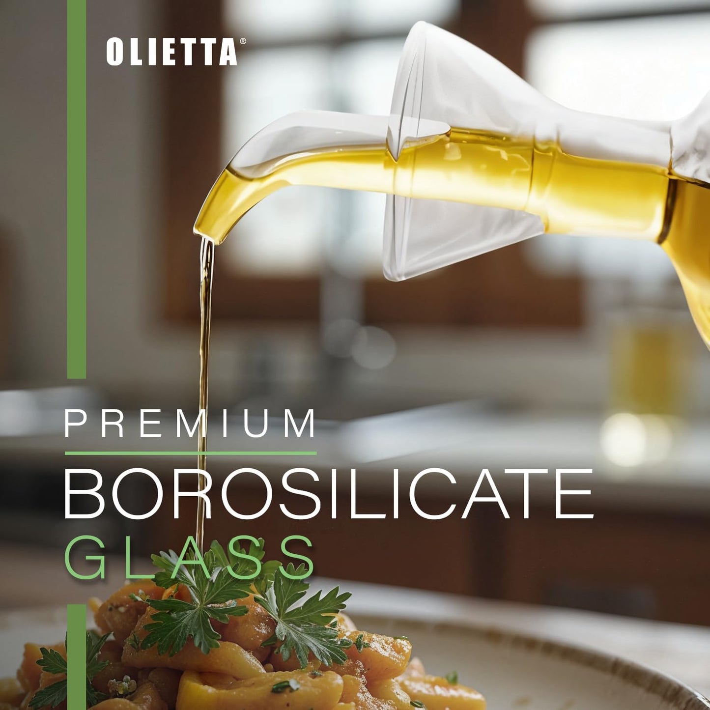Olietta Olive Oil Dispenser Bottle Borosilicate Glass - Non Drip Oil Dispenser for Kitchen, Leak Proof Vinegar Drizzler Cruet, Easy Clean, 17 Ounces, Modern