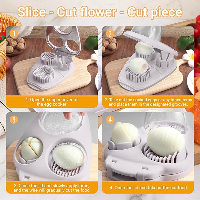 1 Count 3-Mode Egg Slicer, Stainless Steel Wire Cutter for Hard Boiled Eggs, Strawberry, Grape, Mushroom, Kitchen Slicing Tool for Fruits and Vegetables