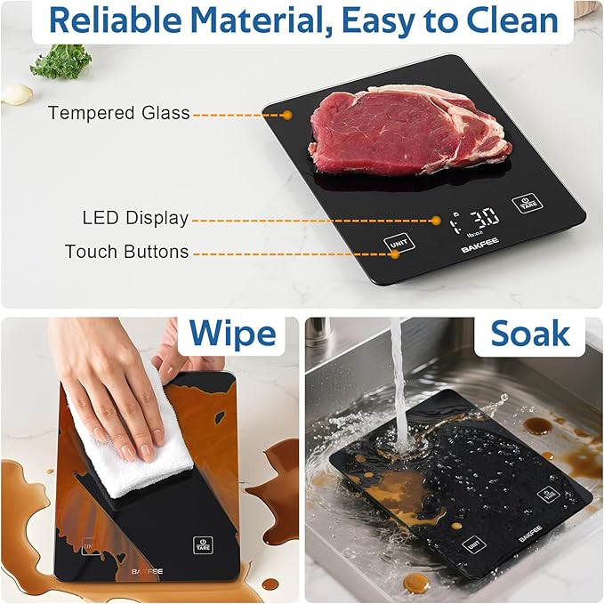 BAKFEE IP67 Waterproof Food Scale with Tempered Glass Surface, 22lb Kitchen Scale 1g Precision, USB Rechargeable, LED Display, Grams and Ounces, for Baking, Cooking, Making Sourdough Bread. Black