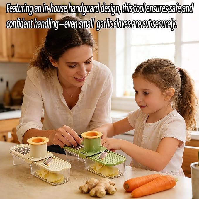 2Pcs Mini Garlic Slicers, Multifunctional Garlic Grinder, 3 in 1 Ginger Garlic Grater with Hand Guard, Multi-Functional Mandoline Slicer Container, Veggie/clove/Ginger Shredders
