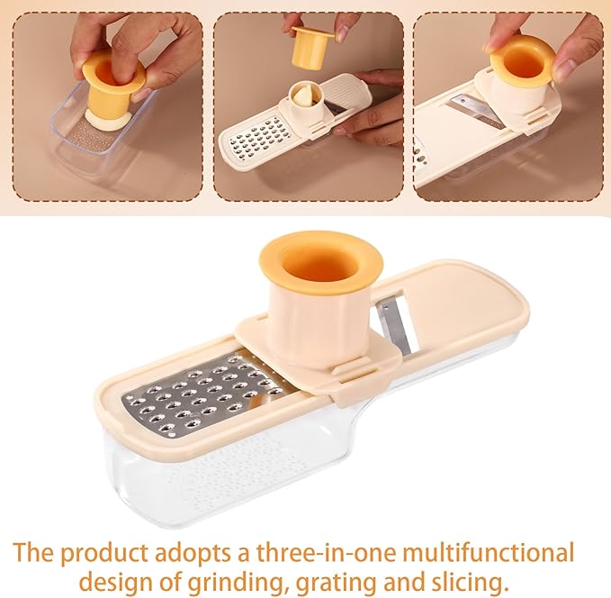 Mini Garlic Slicer, 3-in-1 Multi Function Mandoline Slicer with Container for Grinding Grating and Mincer Slicing Garlic Ginger Vegetable Practical Home Kitchen Appliances Essentials Tool(White)