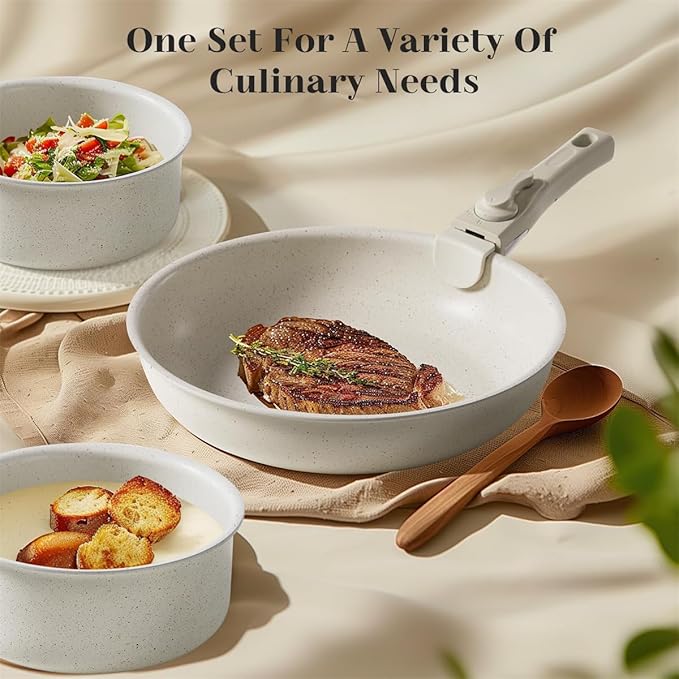 12 Pcs Pots and Pans Set, Nonstick Kitchen Cookware Sets Detachable Handle, Induction Healthy Non Stick RV Cookware, Dishwasher ＆ Oven Safe, Beige
