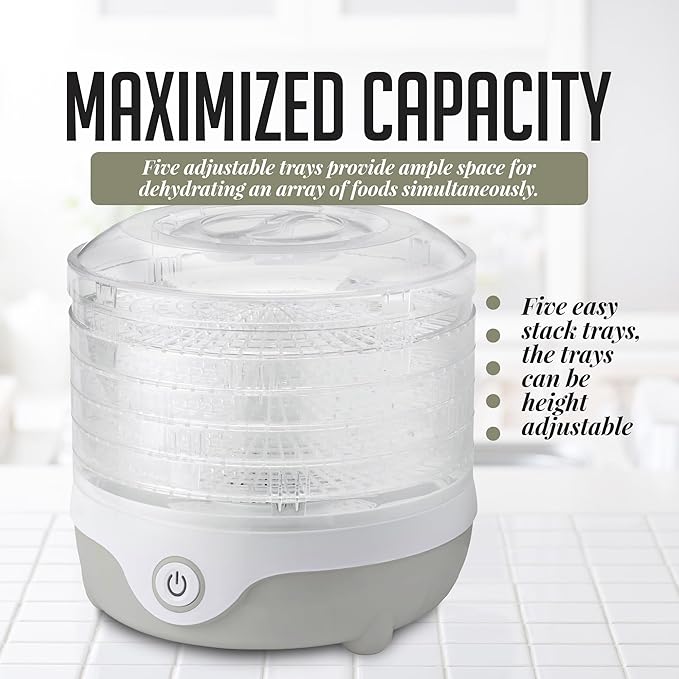 OVENTE Food Dehydrator Machine with 5 Stackable Clear Trays and Drying Space, 240W Electric Food Preserver and Dryer for Snacks, Beef Jerky, Fruits, Veggies, Yogurt and Herbs, Grey DF215GY