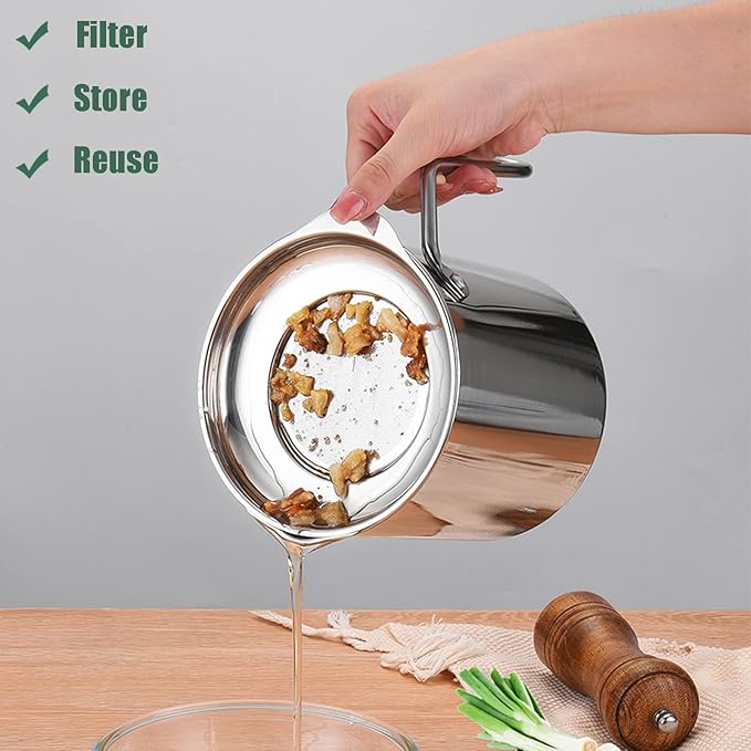 DIY HOME Bacon Grease Container, 1.8L / 61fl oz Cooking Oil Storage Strainer Oil Filter with Fine Mesh Strainer 304 Stainless Steel Grease Can for Kitchen Fat Storage