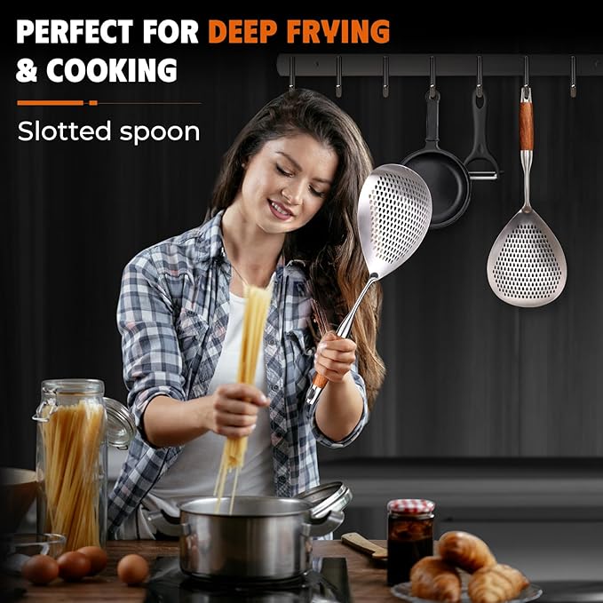 Skimmer Slotted Spoon -17in 304 Stainless Steel Pasta Spider Strainer Skimmer Ladle Spoon for Cooking and Frying - Kitchen Large Metal Scoop Colander Strainer Spoon with Heat Resistant Wooden Handle