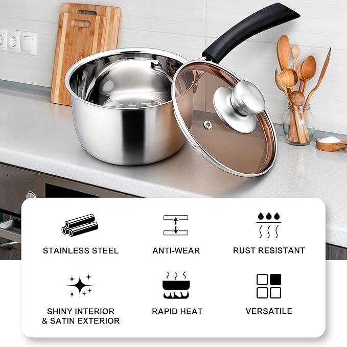 LIANYU 2QT Saucepan with Lid, 2 Quart Stainless Steel Sauce Pan, Small Pot Soup Milk Pan for Home Kitchen Restaurant, Long Heatproof Handle, Dishwasher Safe