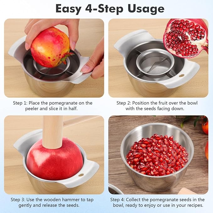 PRETYZOOM Pomegranate Peeling Tool with Container Bowl and Wooden Hammer, Stainless Steel Pomegranate Deseeder, Kitchen Arils Removal Tool