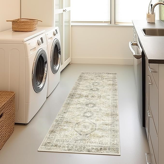 2x5 Rug Runner Washable for Entryway, Soft Bathroom Rugs with Non-Slip Backing, Abstract Low Pile Hallway Runner, Vintage Small Kitchen Carpet for Stair, Laundry Room(2'x5', Grey/Yellow)