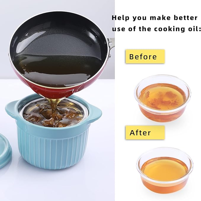 ONTUBE Ceramic Bacon Grease Container Keeper with Strainer, Frying Oil Storage Can, Turquoise