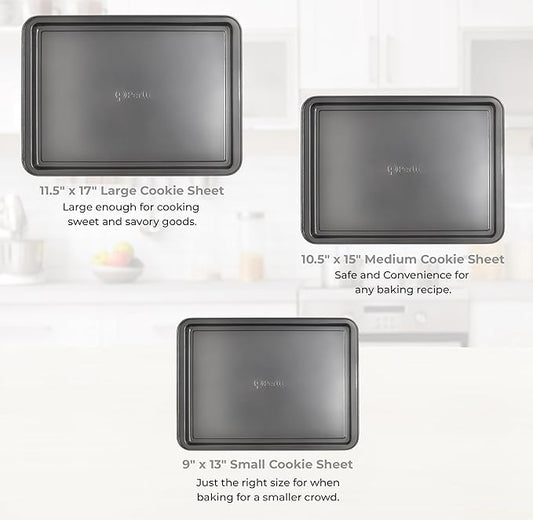 PERLLI Non-Stick 3-Piece Baking Pan Set, BPA-Free Gray Carbon Steel Bakeware Set, Stackable Kitchen Oven Set, Cookie Sheet, Baking Tray, Baking Sheet Set, Oven Safe (446°F)