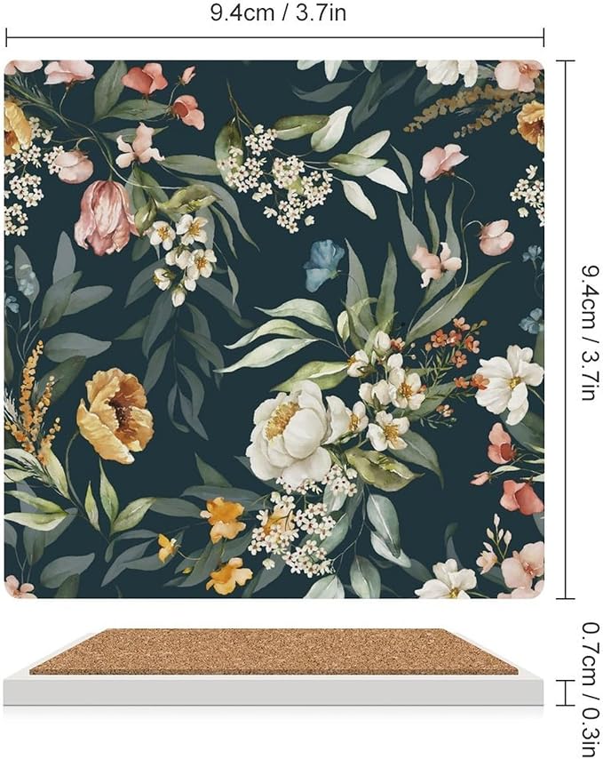 Floral Drink Coasters, Square Ceramic Drink Coaster Square-4PCS, Watercolour Leaf Flower Herb Nature Plant Floral Decor Absorbent Ceramic Coasters for Beverage Cup, Bar, Coffee Table