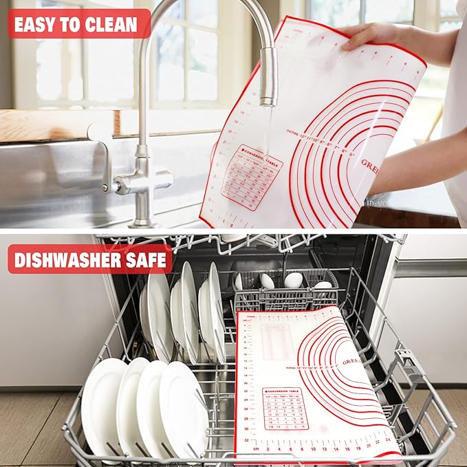 Silicone Pastry Mat Extra Thick Large Non Stick Baking Supplies Kitchen Counter Cooking Rolling Dough Sheet Pie Crust Sourdough Bread Oven Liner with Measurement (L-16''(W)*24''(L), 1#Red)