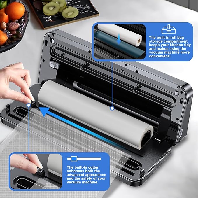 8 in 1 Food Vacuum Sealer Machine With Canning Sealer,Multi-function Food Sealer Built-in UV Cutter/Bag Storage Act on Dry Wet oil Crispy,Vacuum Sealer with Cutter Attached 2 Bag Rolls/Marker Pen