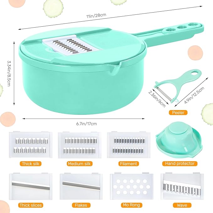 Mandoline Food Slicer, Multifunctional Vegetable Slicer Cutter with Hand Protector, Vegetable Shredder for Potato, Tomato, Carrot (Green-9 in 1)