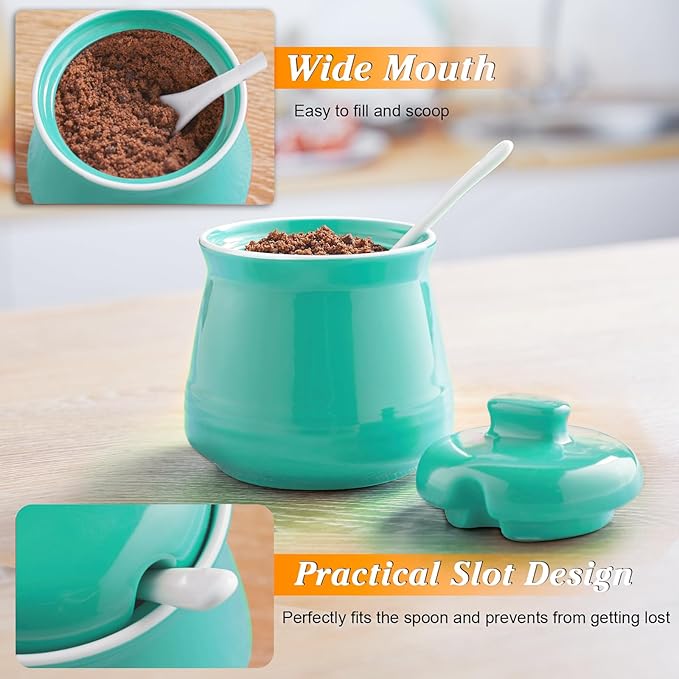 Turquoise Sugar Bowl with Lid and Spoon, 12 oz Teal Ceramic Sugar Bowl with Spoon, Sugar Container for Coffee Bar, Sugar Jar Sugar Dispenser Bowl, Teal Kitchen Decor and Accessories