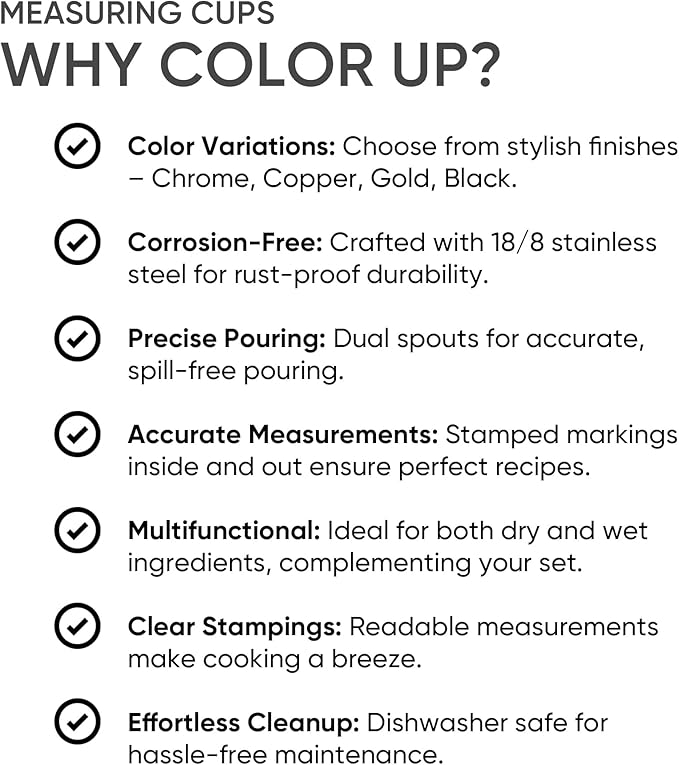 Color Up ¾ Cup Measuring Cup (180 ml) – Premium Chrome Stainless Steel, Accurate for Wet & Dry Ingredients, Embossed Markings, Easy-Pour Spouts, Dishwasher-Safe, Kitchen Essential