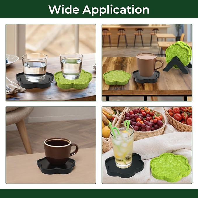 8-Piece Acacia Wood & Absorbent Felt Coaster Set with Stand, Decorative Flower Design - 4" Minimalist Drink Holders for Cold & Hot Drinks, Rustic Modern Decor for Bar & Office - Black