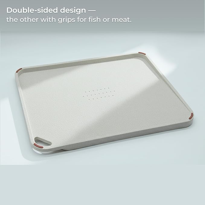 yuriya Plastic Cutting Board for Kitchen, Dishwasher Safe, Double-Sided Wheat Straw Board with Knife Sharpener and Garlic Grinder, Non-Slip, Juice Groove, Meat Grip Spikes, BPA-Free, Sand Beige